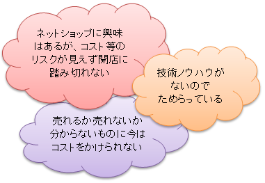ネットショップに興味はあるが、コスト等のリスクが見えず開店に踏み切れない,技術ノウハウがないのでためらっている,売れるか売れないか分からないものに今はコストをかけられない